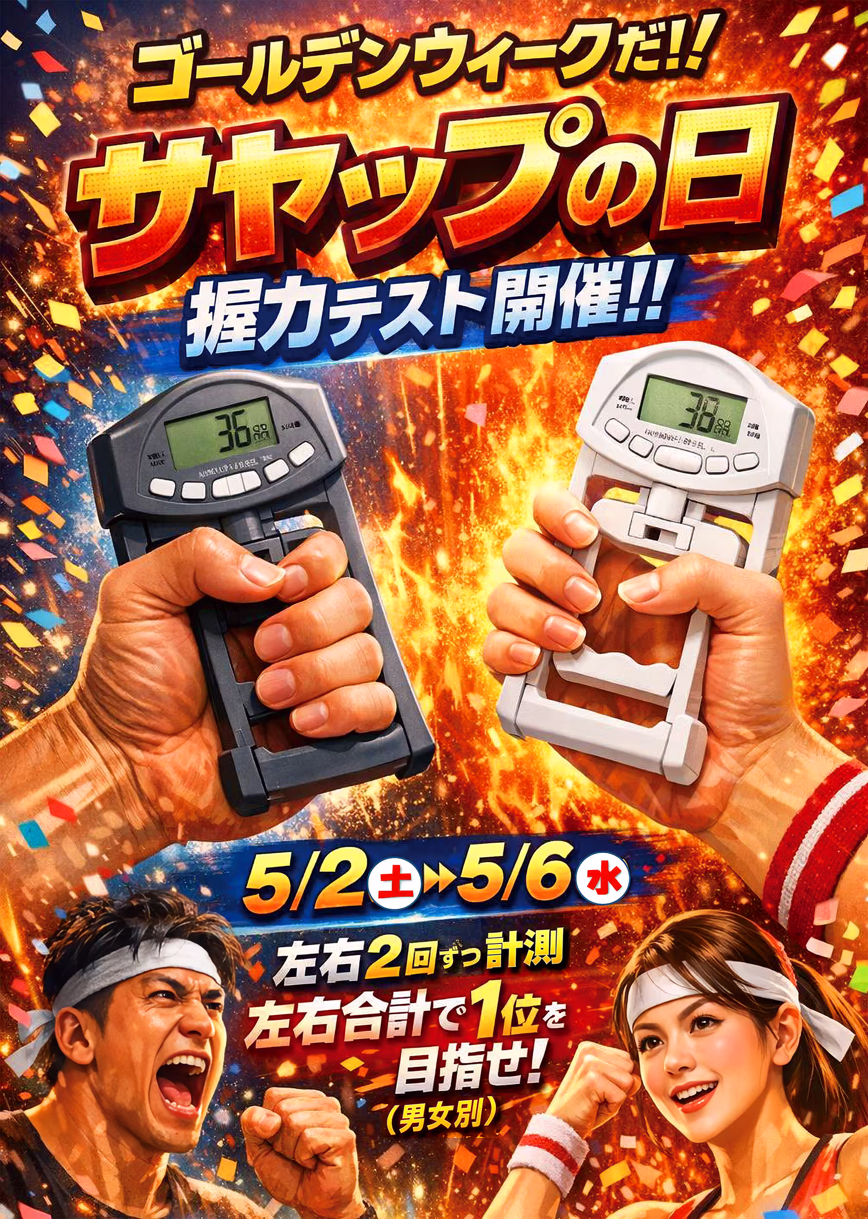 ゴールデンウィークだ！サヤップの日 握力テスト開催。5/2(土)〜5/6(水)、左右2回ずつ計測し左右合計で1位を目指せ（男女別）。