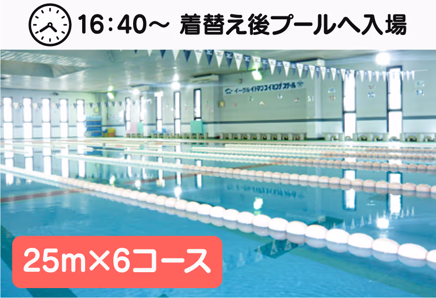 時間が16時40分からで、着替え後に入場可能な25メートル6コースの屋内プール。